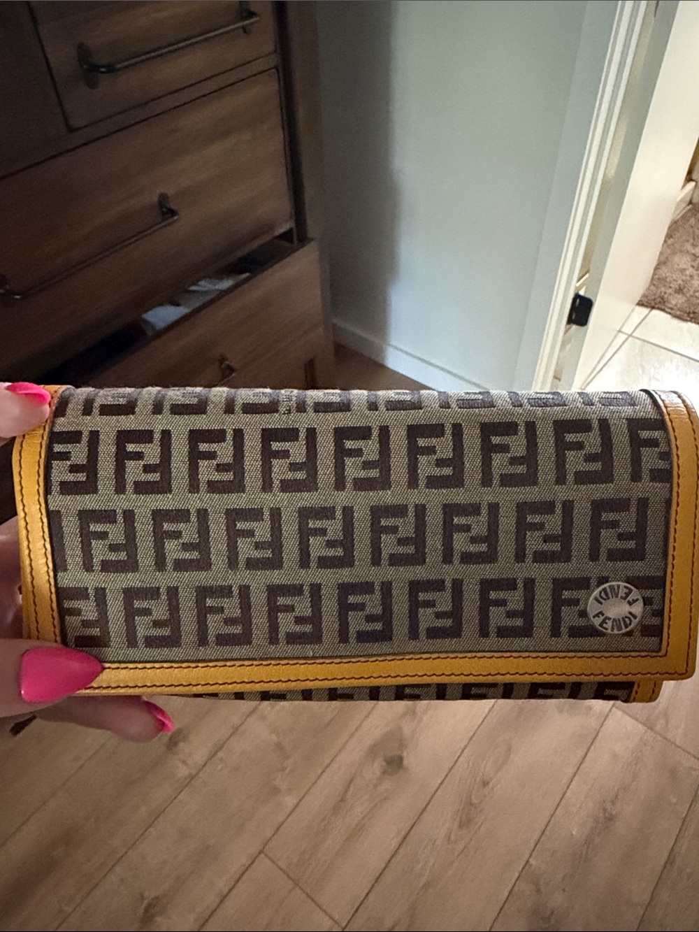 Fendi Brown Monogram Continental Wallet with Yellow Trim